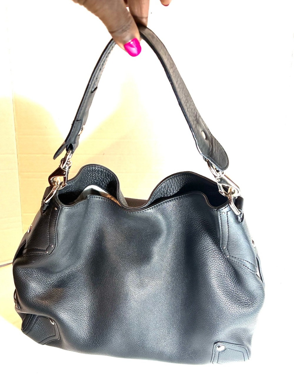 Cole Haan Black Pebbled Leather Hobo Handbag Short Shoulder Strap Silver HW - Picture 2 of 13